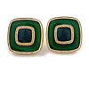Green Enamel Square Stud Earrings in Gold Tone - 17mm Tall
