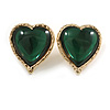 Green Glass Heart Stud Earrings in Gold Tone - 30mm Tall