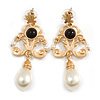 Victorian Style Faux Pearl and Black Acrylic Bead Light Gold Tone Drop Earrings - 65mm L