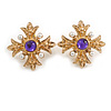 Vintage Inspired Cross Stud Earrings with Purple Stones/ White Pearl Beads - 27mm Across