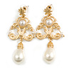 Victorian Style Faux Pearl Light Gold Tone Drop Earrings - 65mm L