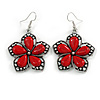 Aged Silver Tone Red Ceramic Bead Flower Drop Earrings - 50mm L