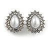 Clear Crystal White Faux Pearl Teadrop Clip On Earrings in Silver Tone - 25mm L