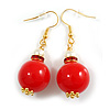 Red Acrylic/ White Pearl Bead with Red Crystal Ring Drop Earrings in Gold Tone - 50mm L