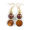 Brown/Gold Glass and Shell Bead with AB Crystal Ring Drop Earrings in Gold Tone - 60mm Long