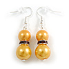 Yellow Gold Brown Crystal Double Bead Drop Earrings in Gold Tone - 45mm Long