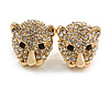 Clear Crystal Tiger Head Stud Earrings In Gold Plating - 17mm L