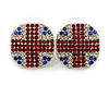 Union Jack Red/Blue/Clear Crystal Square Stud Earrings in Silver Tone - 20mm Tall