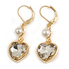 Clear Crystal Heart Drop Earrings In Gold Tone Metal with Leverback Closure - 40mm L