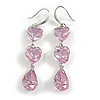 Multi Heart Pink Glass Drop Earrings in Rhodium Plating - 55mm Long