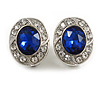 Blue/Clear Crystal Oval Clip On Earrings In Silver Tone - 18mm Tall