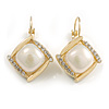 Square Pearl Crystal Drop Earrings in Gold Tone/ Leverback Closure - 33mm Long