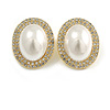Large Faux Pearl Clear Crystal Oval Stud Earrings in Gold Tone - 30mm Tall