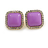 Acrylic Purple with Crystal Element Square Stud Earrings in Gold Tone - 20mm Tall
