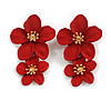 Red Double Flower Drop Earrings in Matt Finish - 50mm Long