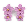 Lavender Pink Double Flower Drop Earrings in Matt Finish - 50mm Long