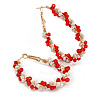 Large Red/White Beaded Oval Hoop Earrings in Gold Tone - 50mm Tall