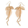Gold Tone Multi Leaf and Chain Dangle Earrings - 90mm Long