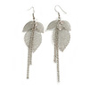 Silver Tone Multi Leaf and Chain Dangle Earrings - 90mm Long