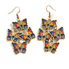 Multicoloured Lightweight Multi Butterfly Dangle Earrings in Gold Tone Metal - 60mm L
