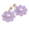 Lavender Acrylic Flower Drop Earrings In Gold Tone - 55mm L
