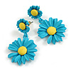 Matt Blue/Yellow Daisy Flower Drop Earrings - 40mm L