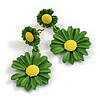 Matt Green/Yellow Daisy Flower Drop Earrings - 40mm L