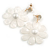 Off White Acrylic Flower Drop Earrings In Silver Tone - 55mm L