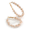 Large Light Pink/White Beaded Oval Hoop Earrings in Gold Tone - 50mm Tall