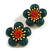Large Dimentional Dark Green Acrylic with Red Crystal Daisy Flower Stud Earrings in Gold Tone - 35mm D