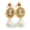 Vintage Inspired Sepia Coloured Cameo with White Acrylic Bead Long Earrings in Gold Tone - 75mm Long