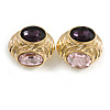 Pink/Purple Glass Stone Oval Dimentional Stud Earrings in Gold Tone - 28mm Across