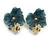 Large Enamel Flower with Bee Motif Stud Earrings in Gold Tone in Teal/Yelow/White - 40mm Tall