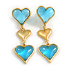 Triple Heart Drop Earrings in Gold Tone with Light Blue Acrylic Beads - 60mm Long