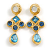 Long Blue/Clear Glass Bead Dangle Earrings in Gold Tone/80mm L/ 24g Each