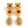 Gold Tone Crystal Heart Cameo Drop Earrings in Gold Tone - 60mm Long
