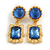 Blue Glass Round/Square Bead Drop Earrings in Gold Tone - 45mm Long