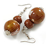 Brown/White/Gold Double Bead Wood Drop Earrings - 60mm L