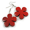Red Wood Flower Drop Earrings - 60mm L