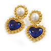 Blue Glass Heart Drop Earrings in Gold Tone - 50mm L
