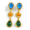Multicoloured Glass Bead Drop Earrings in Gold Tone - 75mm Long