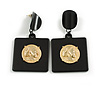 Large Black Acrylic Square Earrings with Egyptian Style Coin - 80mm Long