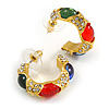 Small Red/Green/Blue Crystal Half Hoop Earrings in Gold Tone - 23mm Diameter
