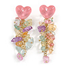 Romantic Pink Acrylic Heart with Glass Charm on Gold Chain Dangle Earrings (Multicoloured) - 75mm L