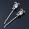 Pair Of Clear Crystal, Simulated Pearl Bow Hair Slides In Rhodium Plating - 55mm Length