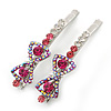 Pair Of Fuchsia/Pink/ AB Swarovski Crystal 'Bow' Hair Slides In Rhodium Plating - 60mm Length