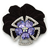 Large Layered Rhodium Plated Swarovski Crystal 'Flower' Pony Tail Black Hair Scrunchie - Amethyst/ Clear/ AB