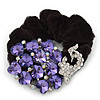 Large Rhodium Plated Crystal Peacock Pony Tail Black Hair Scrunchie - Purple/ Clear