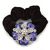 Large Layered Rhodium Plated Crystal Flower Pony Tail Black Hair Scrunchie - Violet/ Clear/ AB