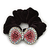 Large Rhodium Plated Crystal Bow Pony Tail Black Hair Scrunchie - Pink/ Clear